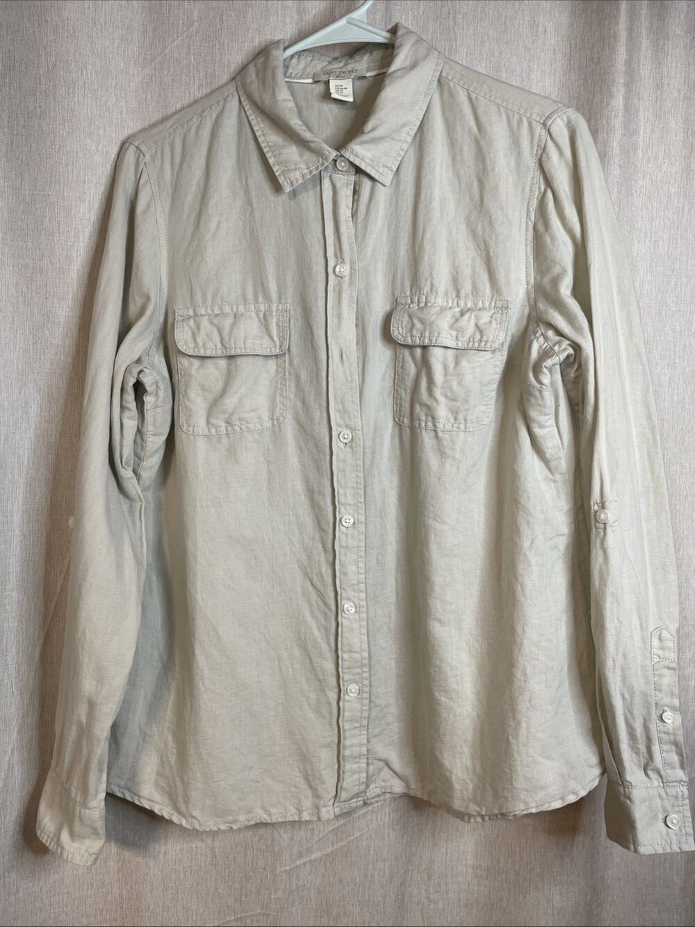 Saint Tropez West Women's Button-Up Top Size M Linen Blend Roll-Tab Sleeve *Flaw